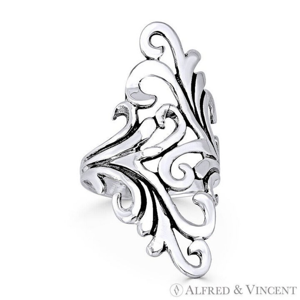 Plant Vine Charm Long Statement Ring In Oxidized .925 Sterling Silver - Size 8